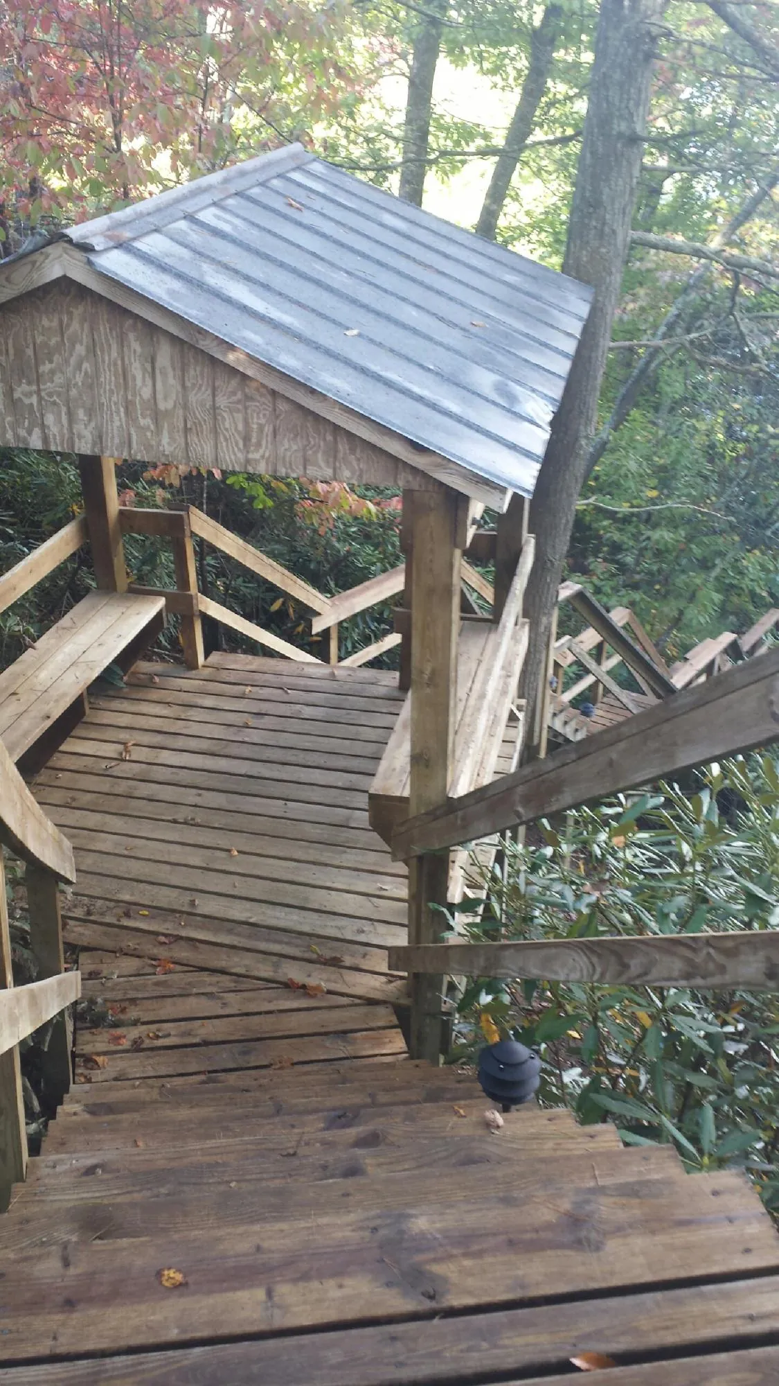 Metal roofed shelter over wooden steps on a wooded walkway — Skylight Repair & Installation work by our crew in Florence